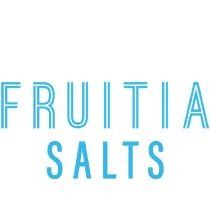 The logo for fruitia salts is blue and white.