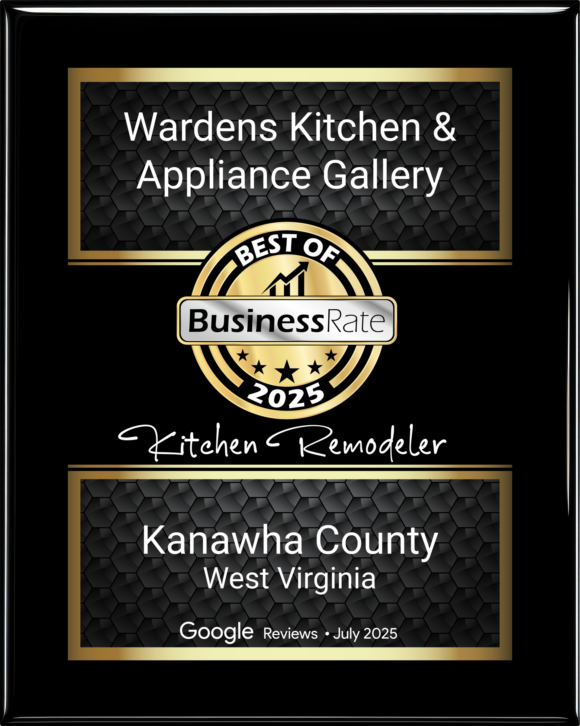 Award plaque for Wardens Kitchen & Appliance Gallery, Best of Business Rate 2025 for Kitchen Remodeler in Kanawha County, West Virginia.