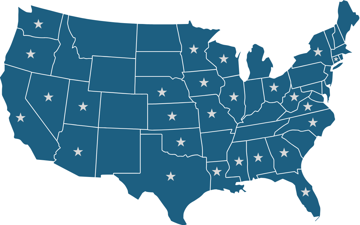 A blue map of the united states with white stars on it