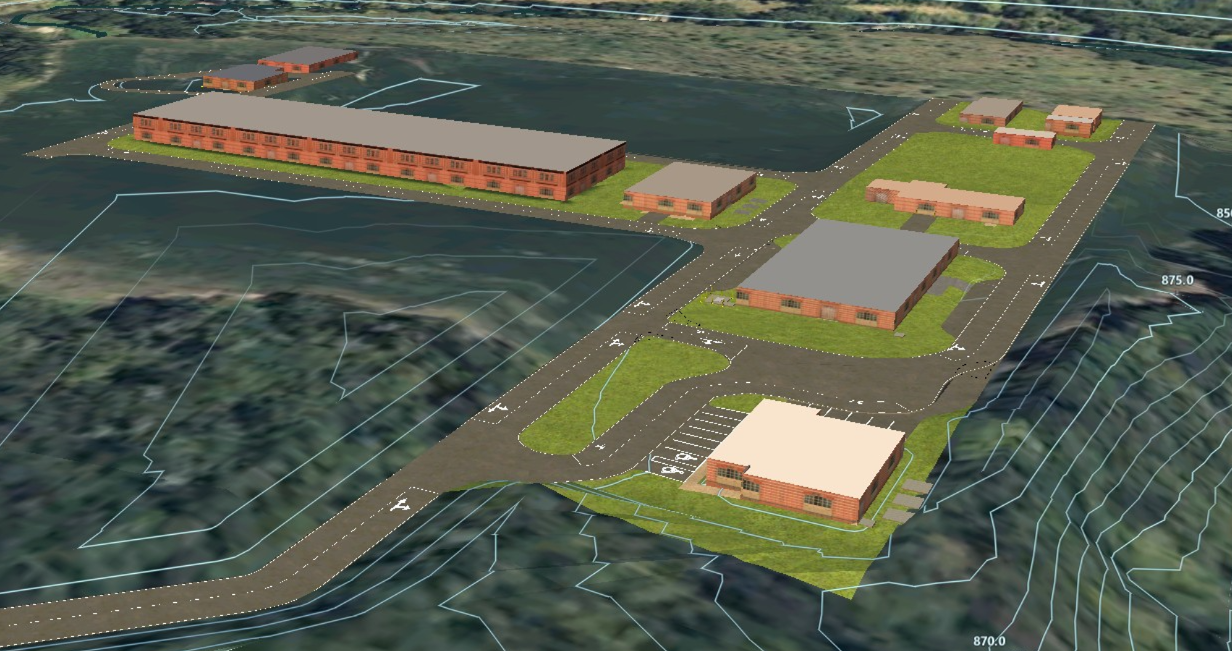 3D site plan rendering of an industrial park with multiple brick buildings and connecting roads.