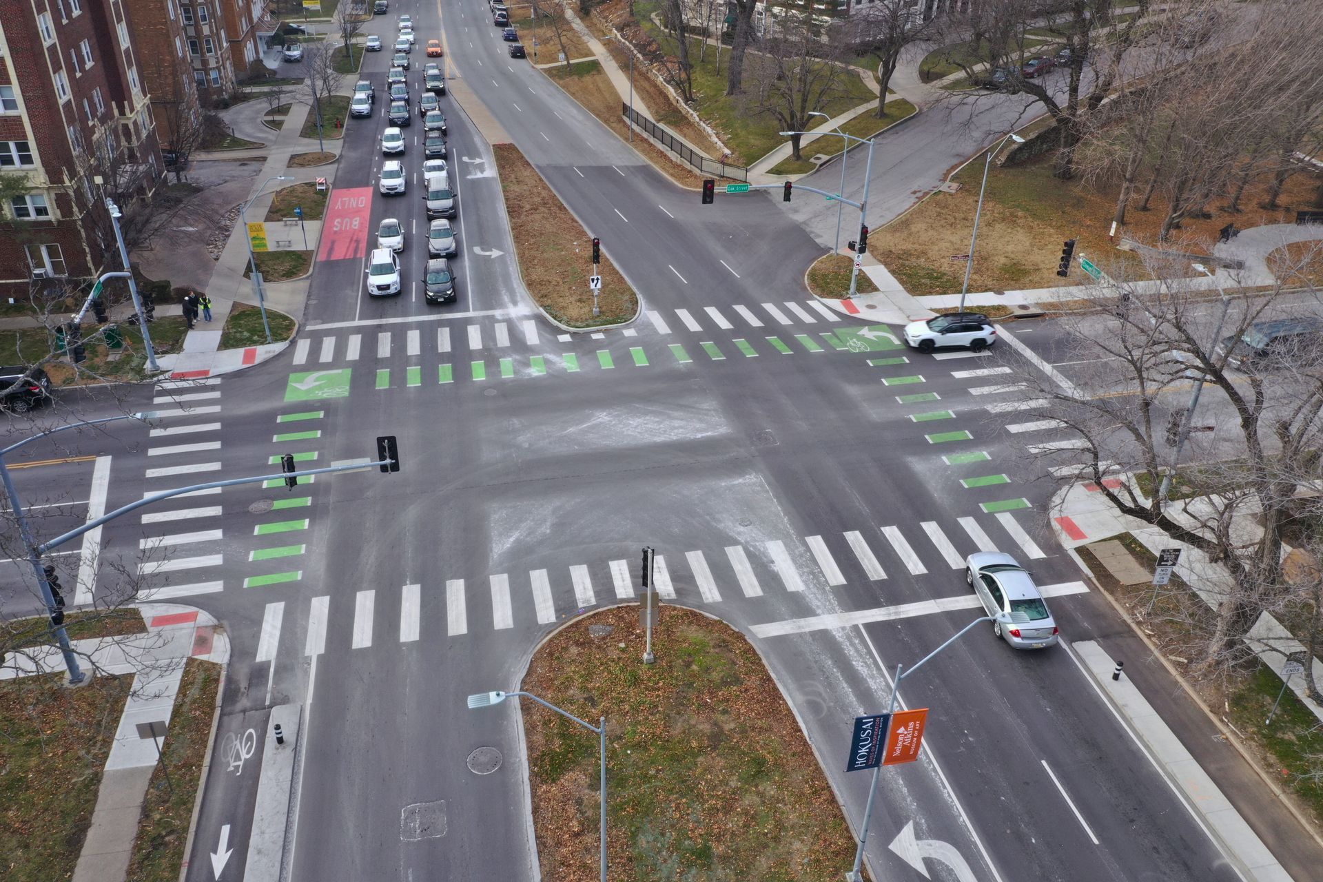 An aerial view of an intersection