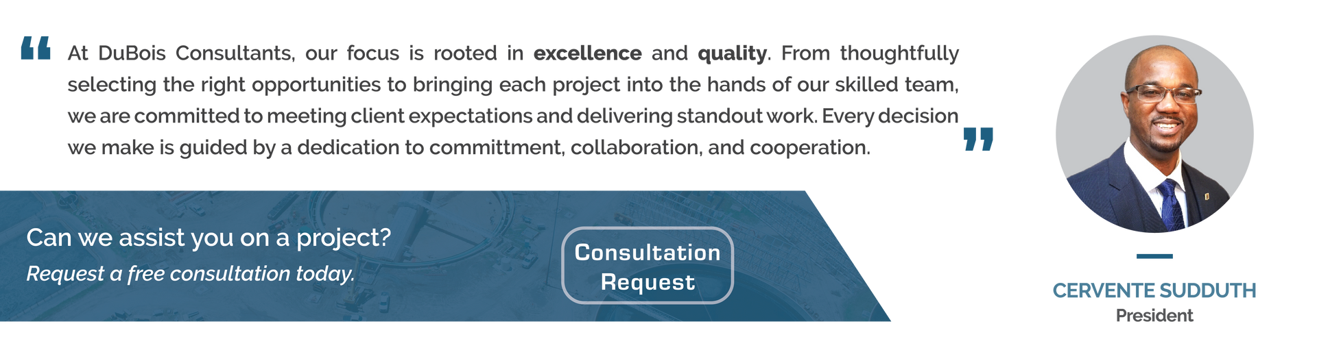 A testimonial from Devin E. Elloitt, CEO, with a quote and a call to action to request a project.