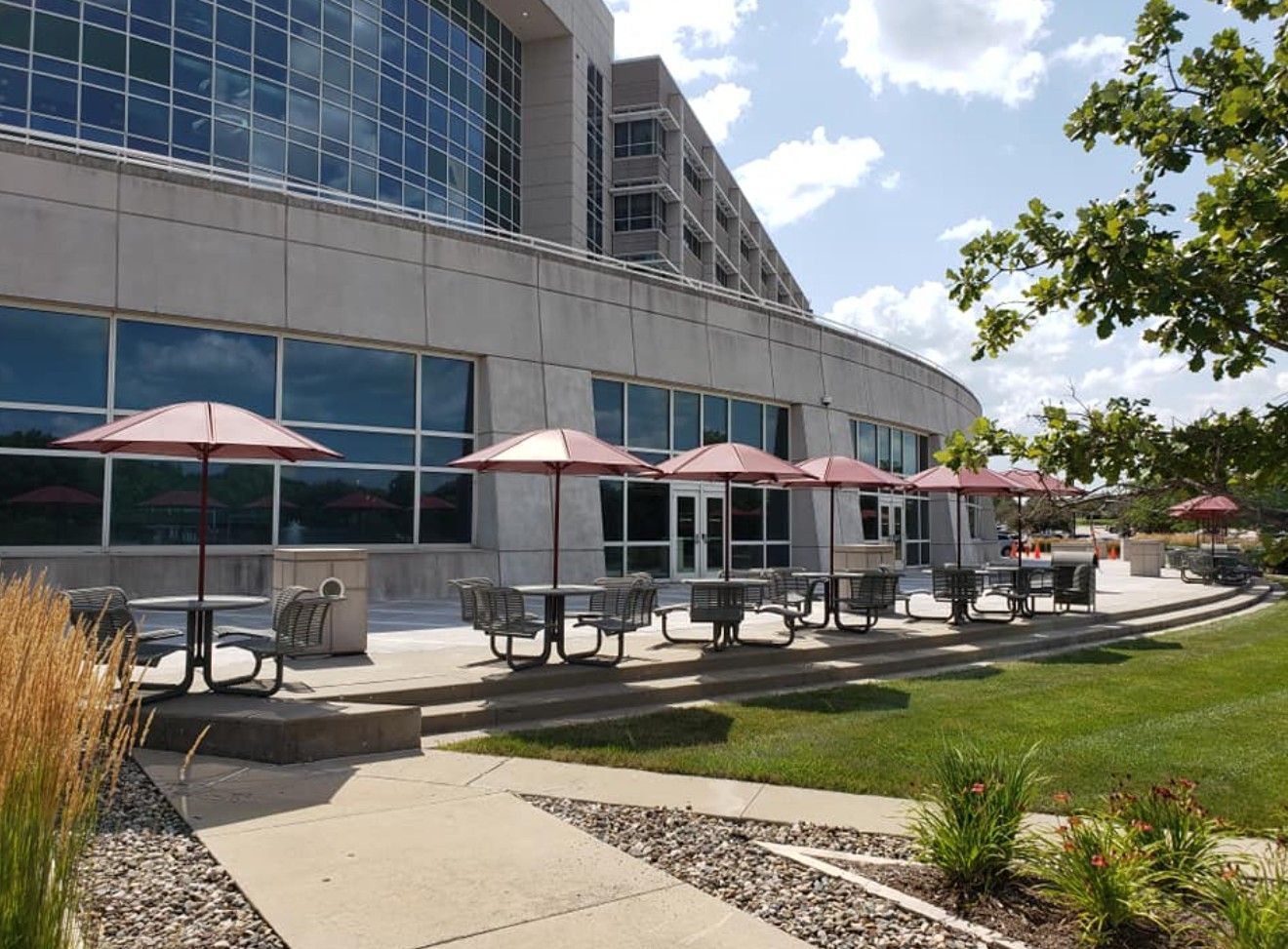 A row of patio tables with maroon umbrellas sits on a concrete terrace outside a modern building with glass windows.