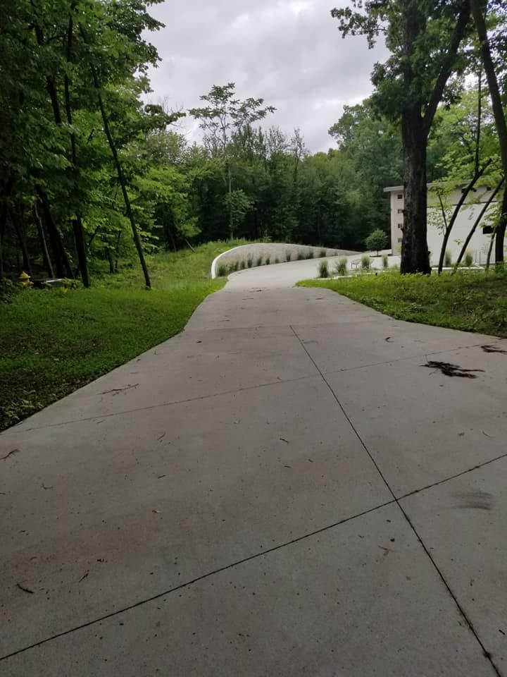 Concrete driveway curves through a wooded area, leading towards a white building.