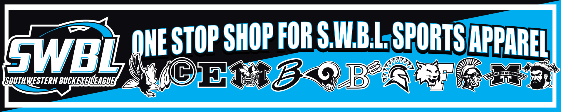 A logo for swbl one stop shop for n.r.b.l. sports apparel