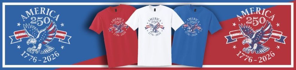 Three T-shirts with red and blue America 250 patriotic eagle designs on a blue background