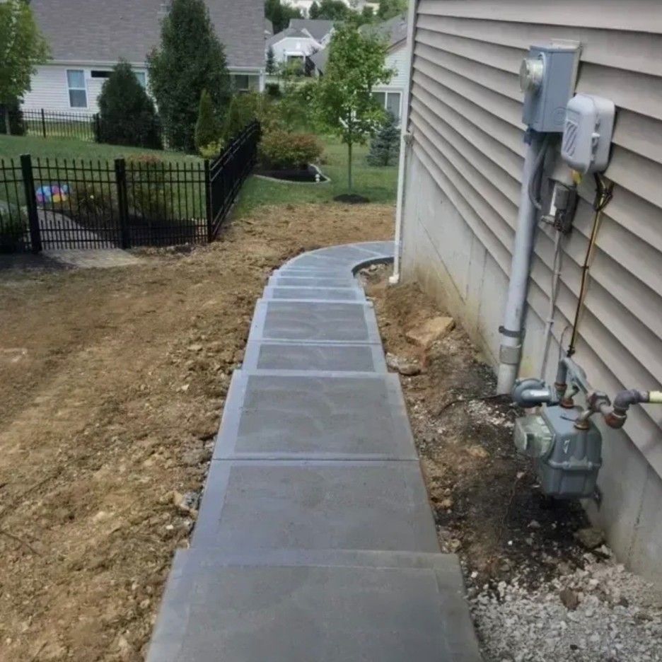Concrete steps leading from a yard to the side of a house, beside electrical and gas fixtures.