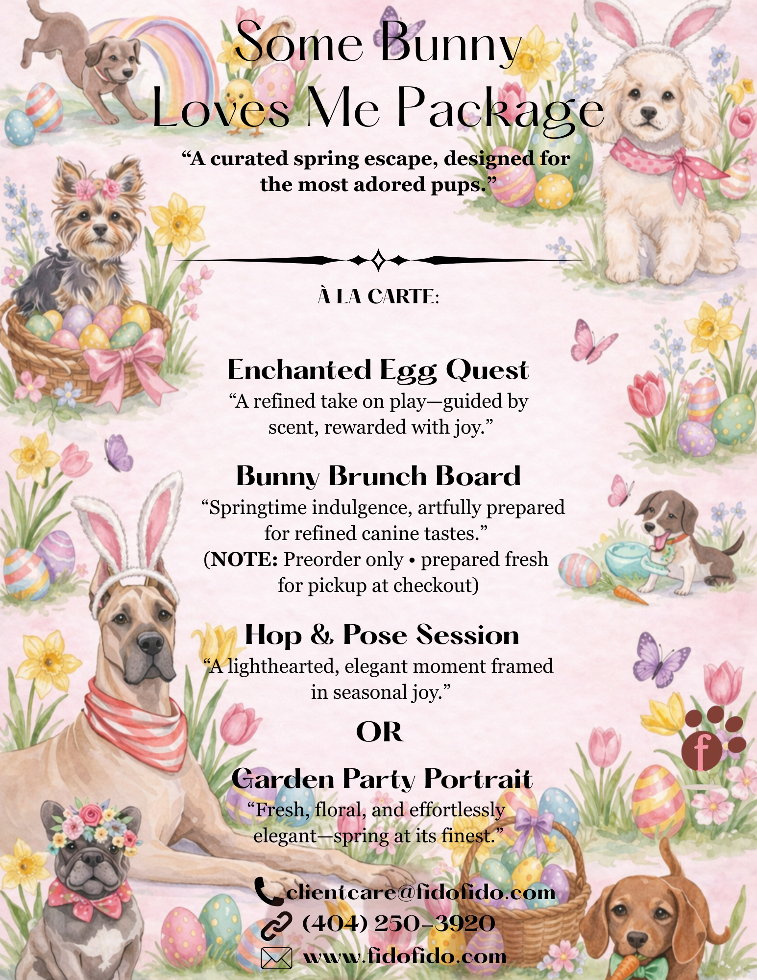 A pastel, floral flyer for a Some Bunny Loves Me Package featuring illustrations of puppies in springtime themes.
