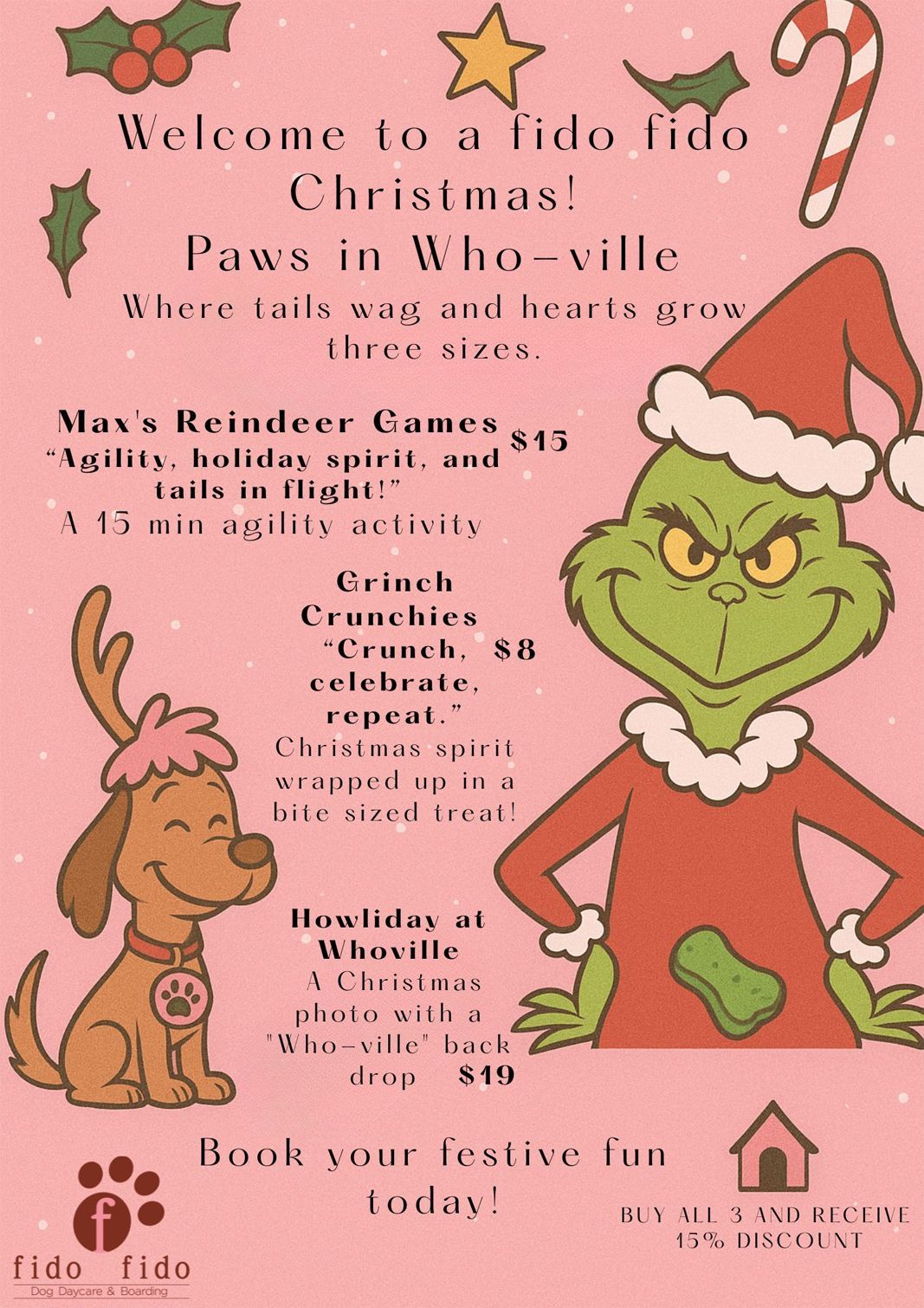 Christmas event flyer featuring a dog with antlers, the Grinch, and holiday activities.