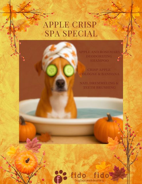 Dog in spa with cucumber eye masks, towel turban, in a tub with pumpkins. Spa special promotion.