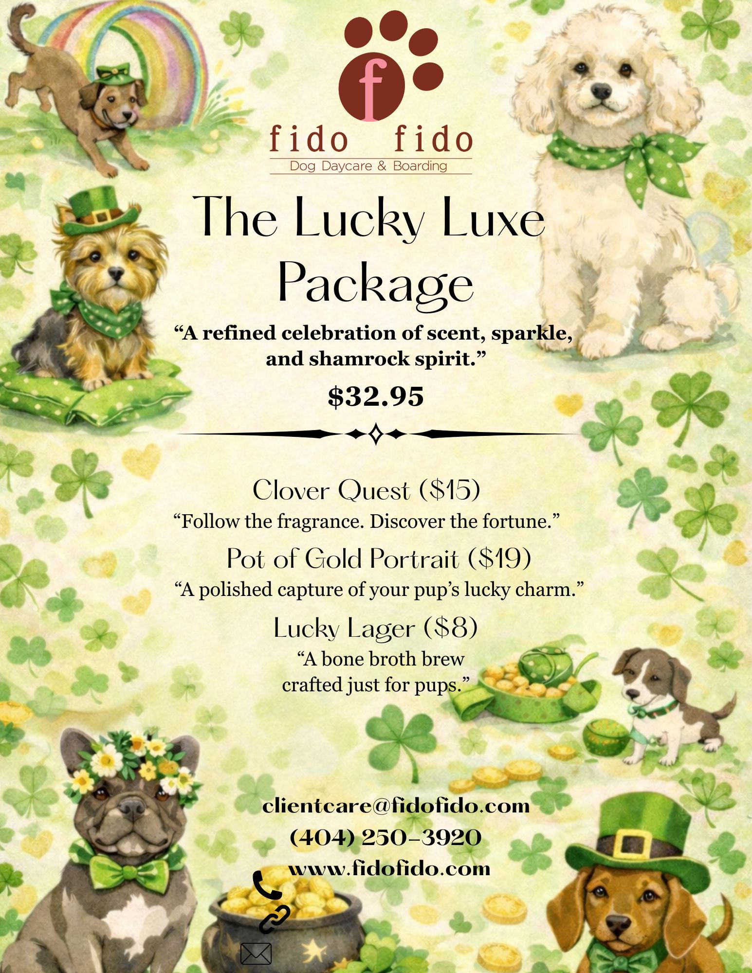 Advertisement for The Lucky Luxe Package at Fido Fido. Includes dogs, shamrocks, and gold coins.