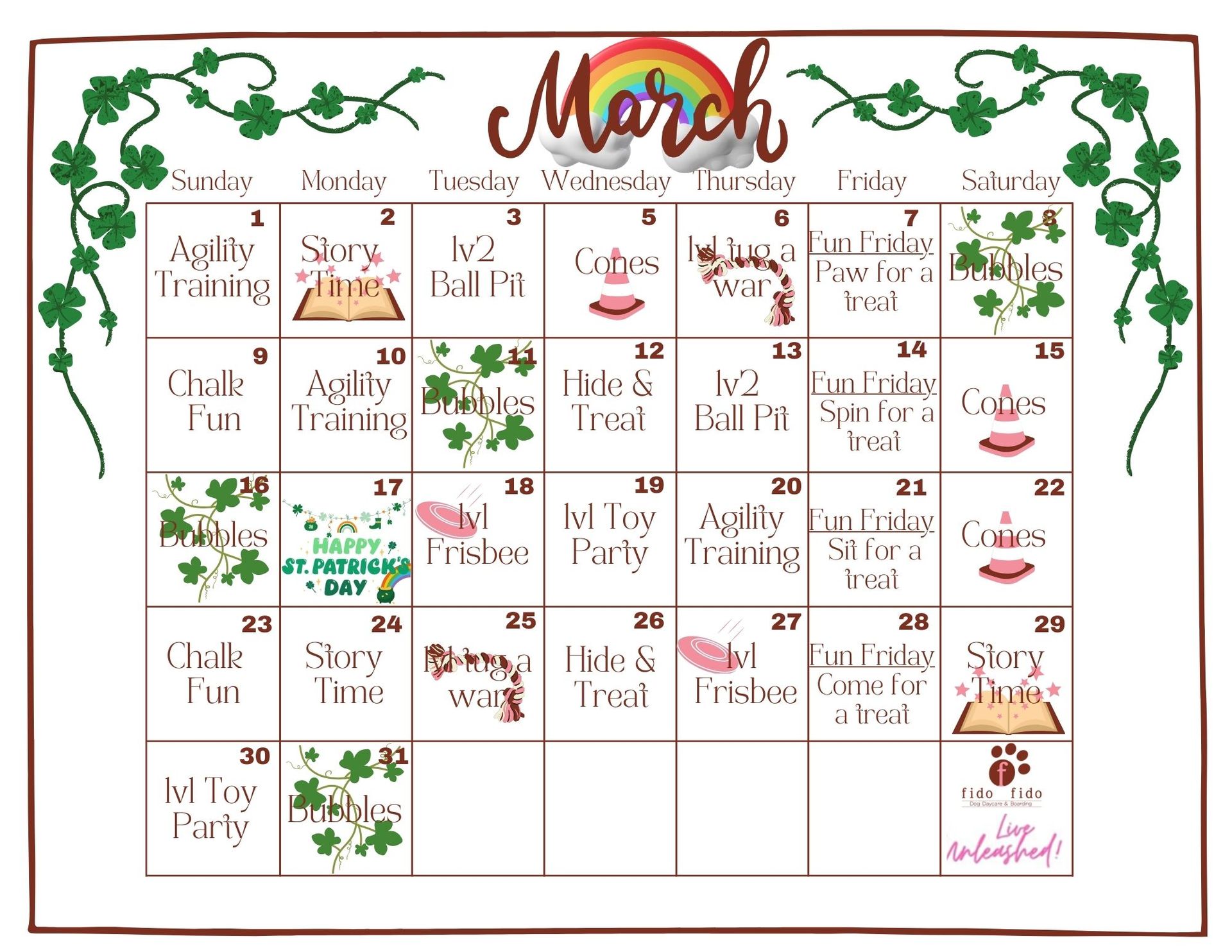 March calendar with dog-themed events, including agility training, story time, and toy parties.