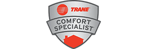 Trane Comfort Specialist badge, silver shield with red Trane logo and house icon.