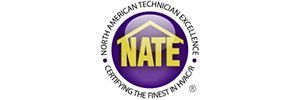 NATE logo: purple circular badge with yellow text 