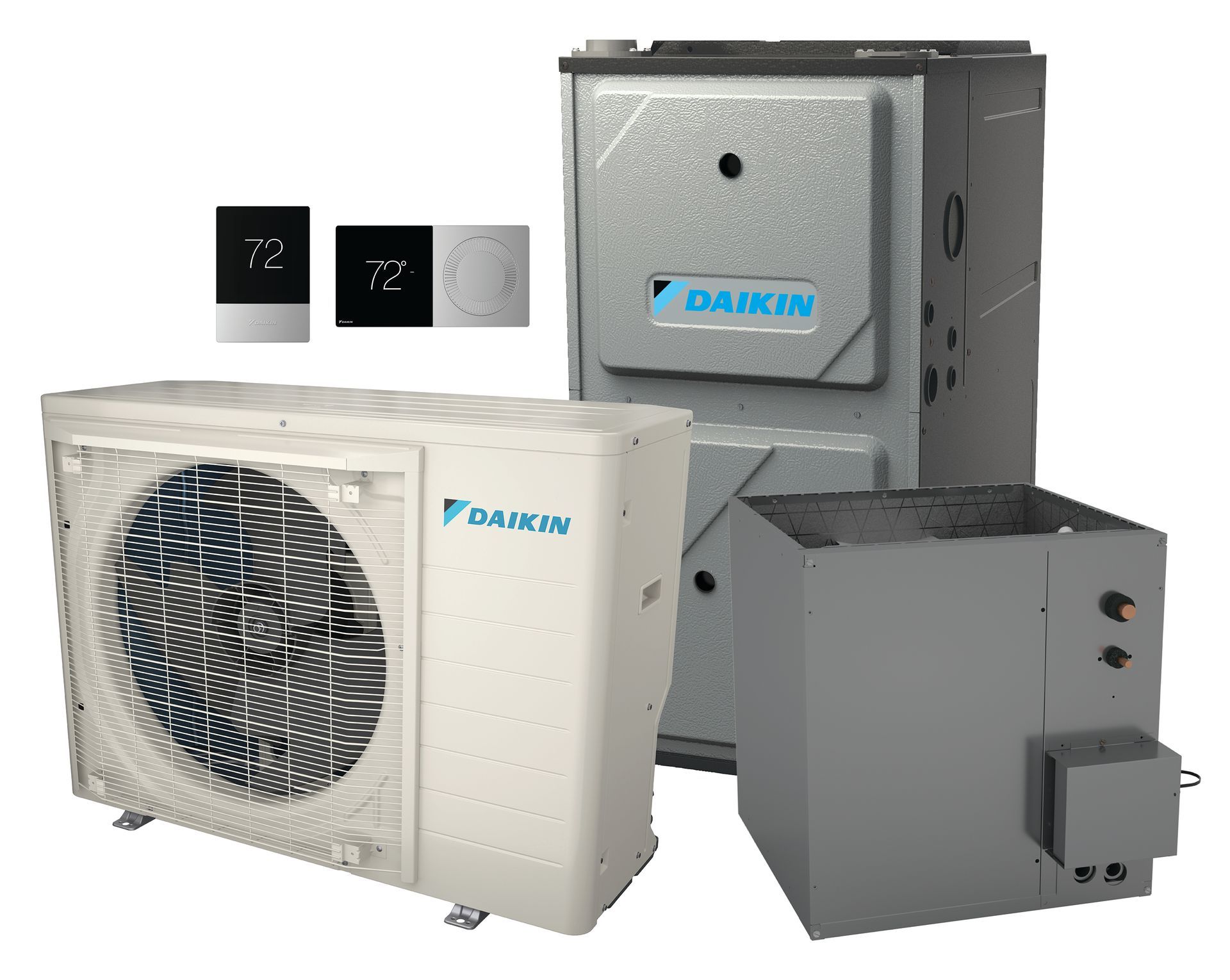 Daikin HVAC system components: outdoor unit, indoor unit, and thermostat showing 72° and 77°.