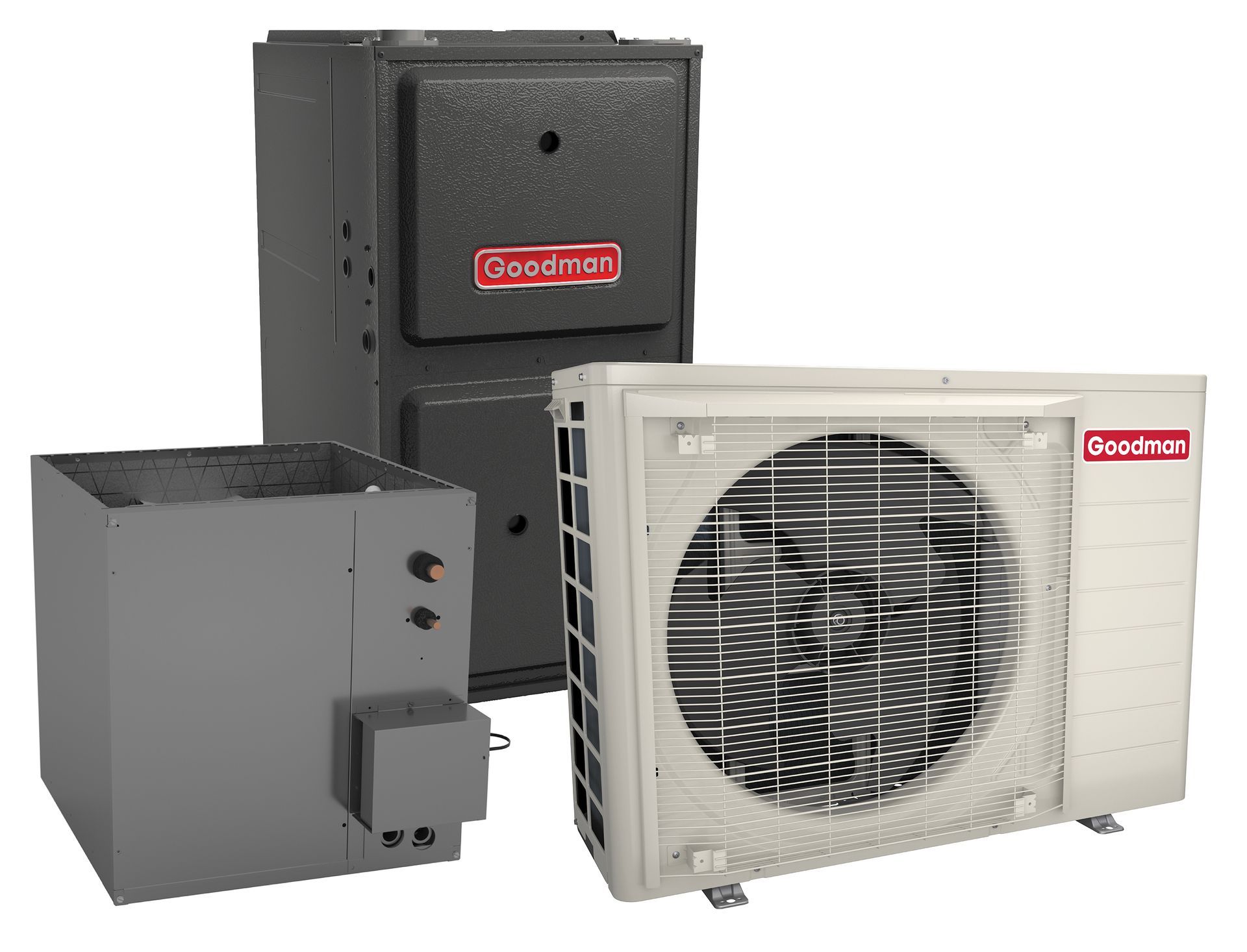Three Goodman HVAC units: furnace, air handler, and outdoor condenser, all neutral colors.