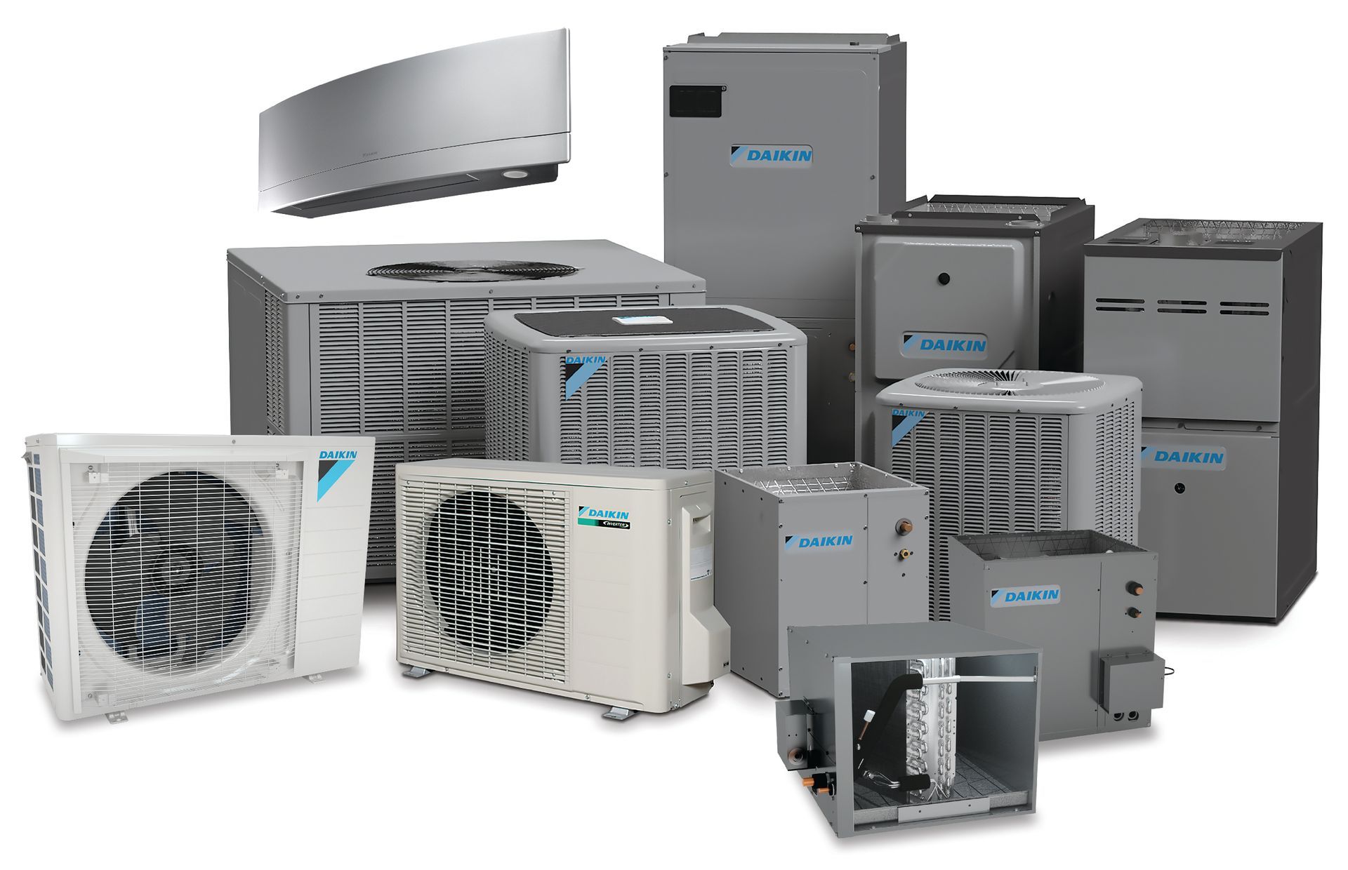 Assortment of Daikin HVAC units: air conditioners, furnaces, and heat pumps in various sizes and styles.