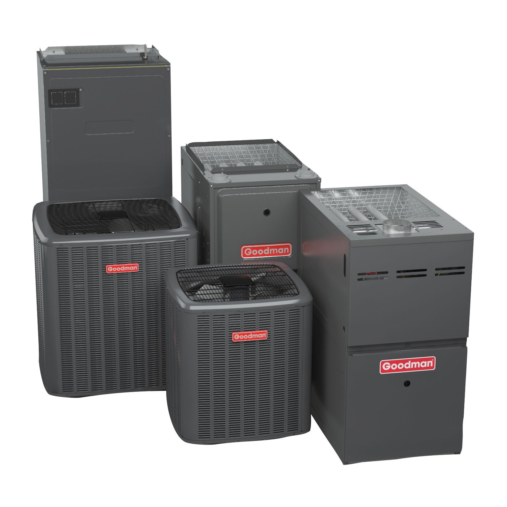 Goodman HVAC units: two air conditioners and three furnaces, all gray.