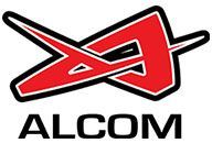 Red and black Alcom logo with an abstract 