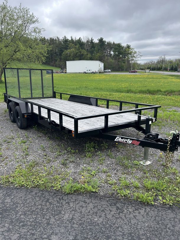 Black utility trailer with mesh front, parked on gravel. Green grass and overcast sky in the background.