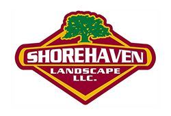 Shorehaven Landscape LLC logo: red and yellow diamond with a green tree. White text.