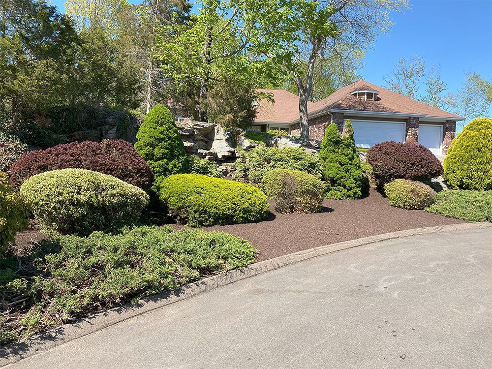 Landscaped yard with colorful shrubs, and evergreens in front of a house with a brown roof and white garage doors.