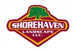 Shorehaven Landscape LLC logo: red and yellow diamond with a green tree on top, white text.