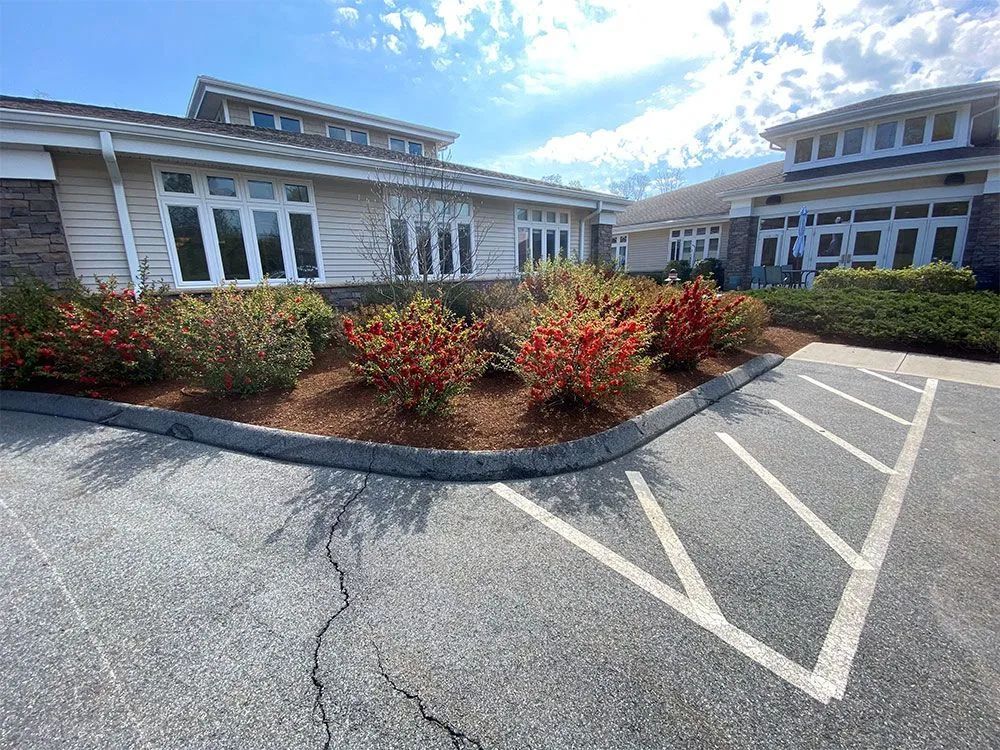 Building exterior with landscaping and parking space.