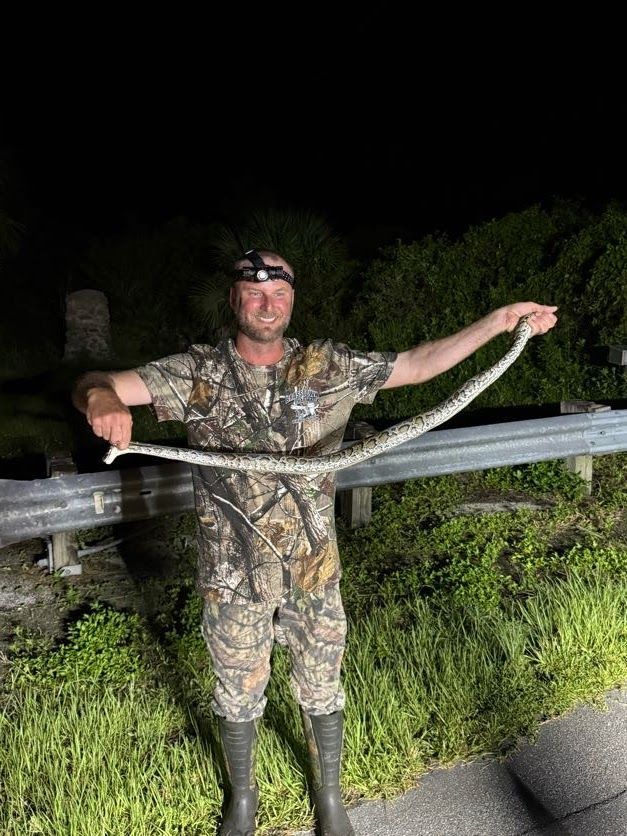 A man in camo holds a long, light-colored snake near a roadside at night.