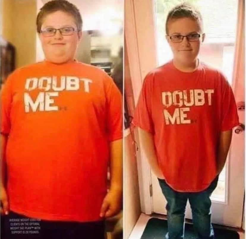 A before and after photo of a boy wearing an orange shirt that says doubt me