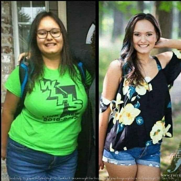 A before and after photo of a woman wearing a green shirt