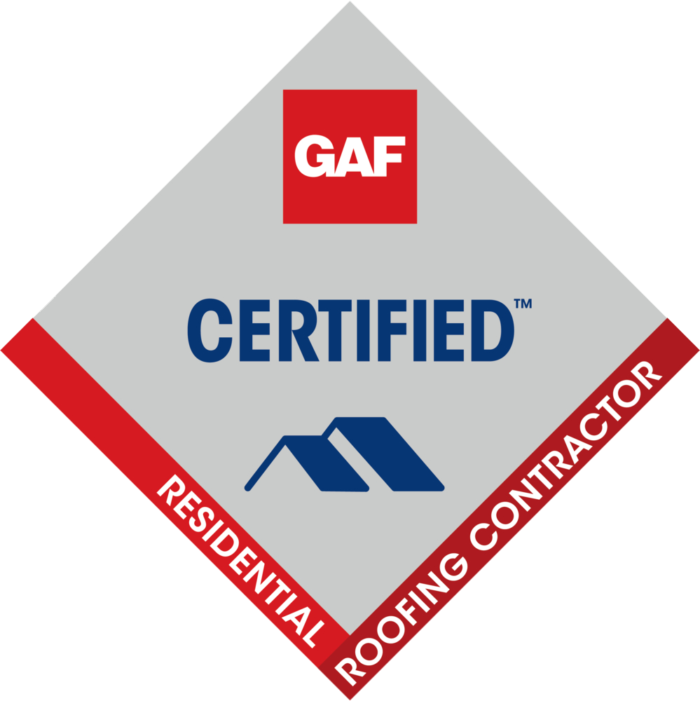 GAF Certified Residential Roofing Contractor logo: red, gray, and blue diamond shape.