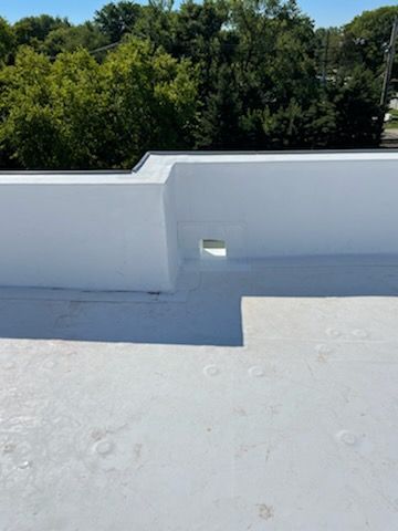 White flat roof with a square opening in a raised wall, against a tree-filled background.