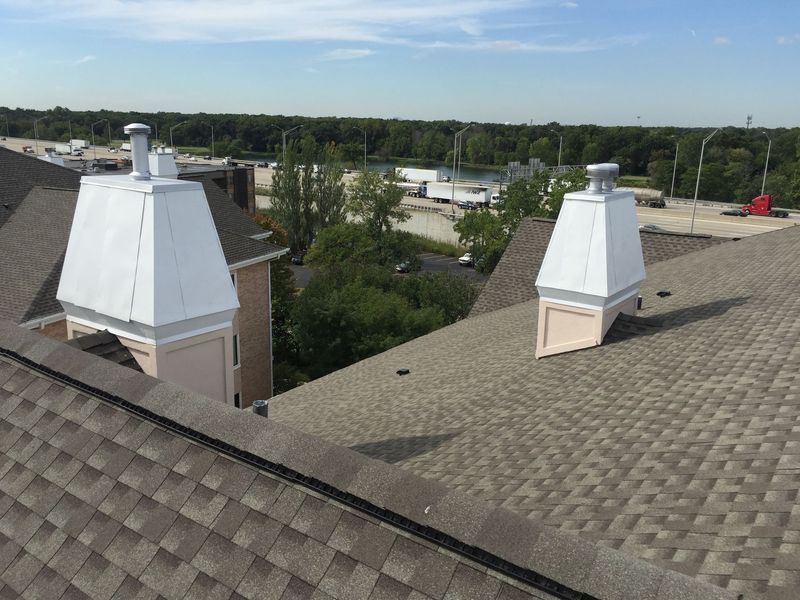 Two white-topped chimneys on a brown shingle roof, with a background of trees and a highway.