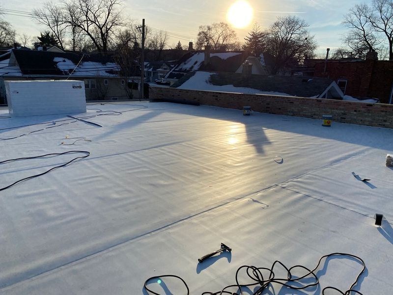Flat roof covered in white material, sun shining, snow on surrounding trees and buildings.
