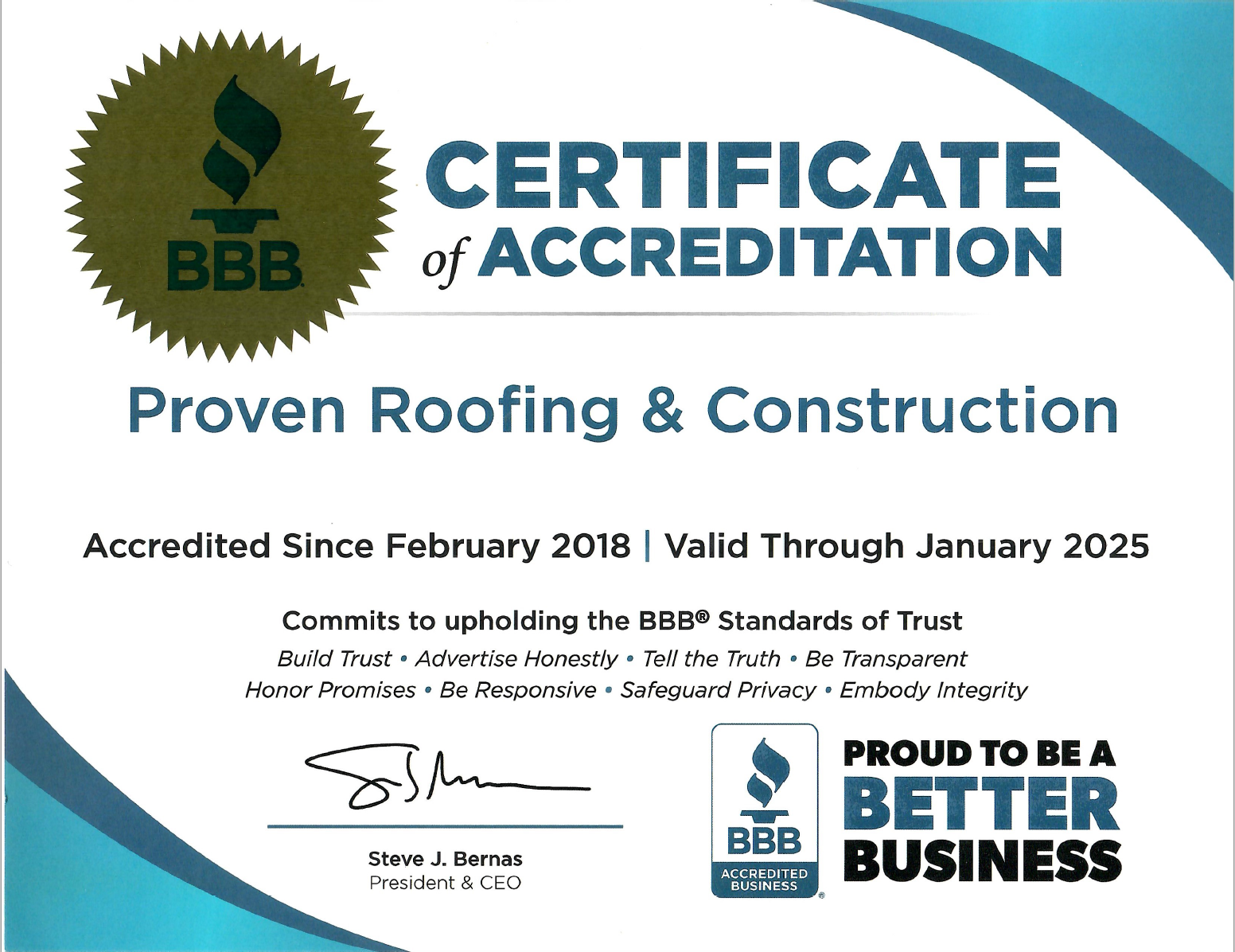 BBB Certificate of Accreditation for Proven Roofing & Construction, accredited since Feb 2018, valid through Jan 2025.