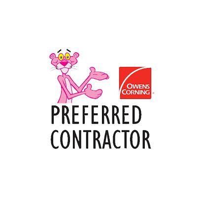 Pink Panther gesturing to Owens Corning logo; Preferred Contractor text.