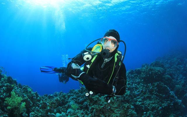 A scuba diver is swimming in the ocean