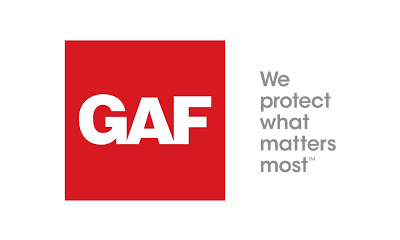 GAF logo with red square and white text, “GAF”. Text to the right reads,