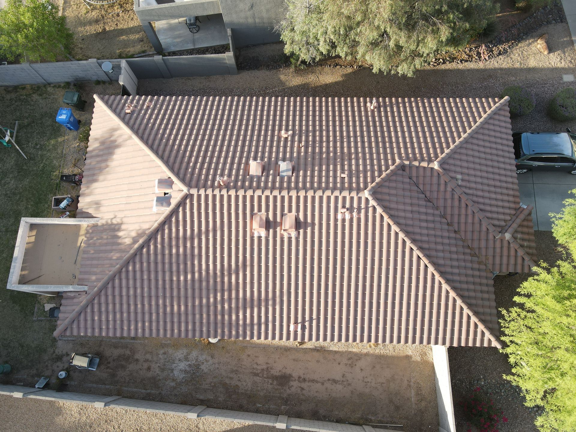 An aerial view of a house with a tiled roof.