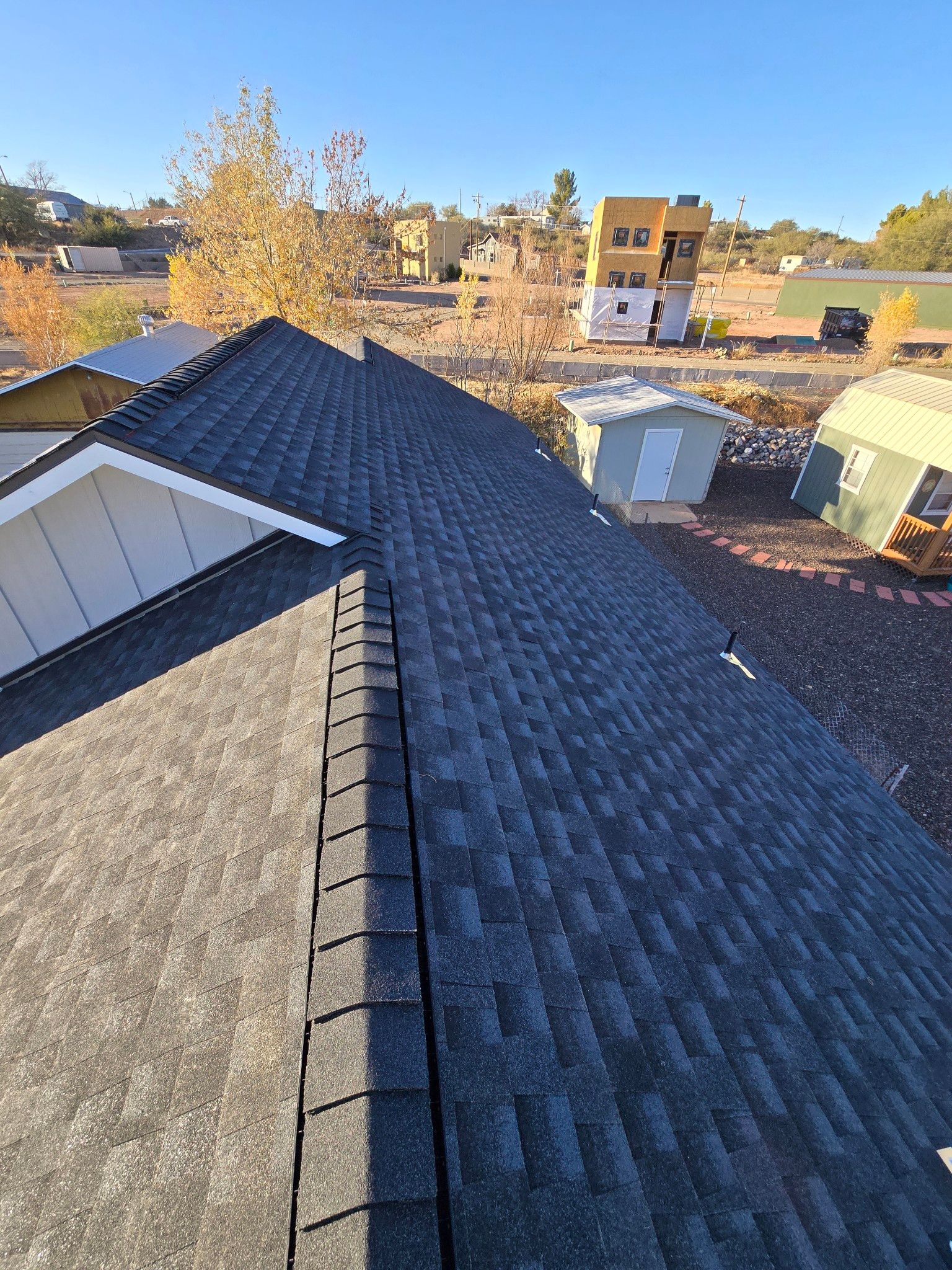 An aerial view of a roof of a house.