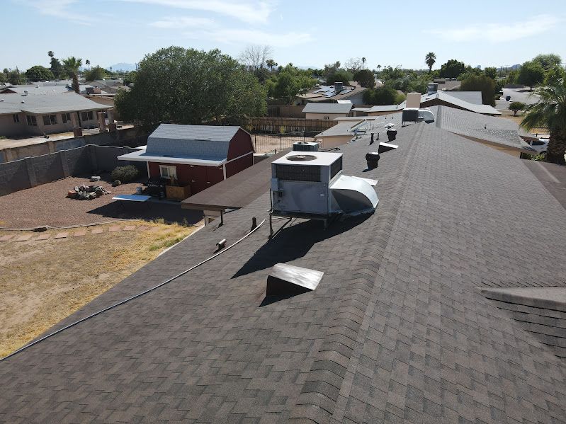 An aerial view of the roof of a house.