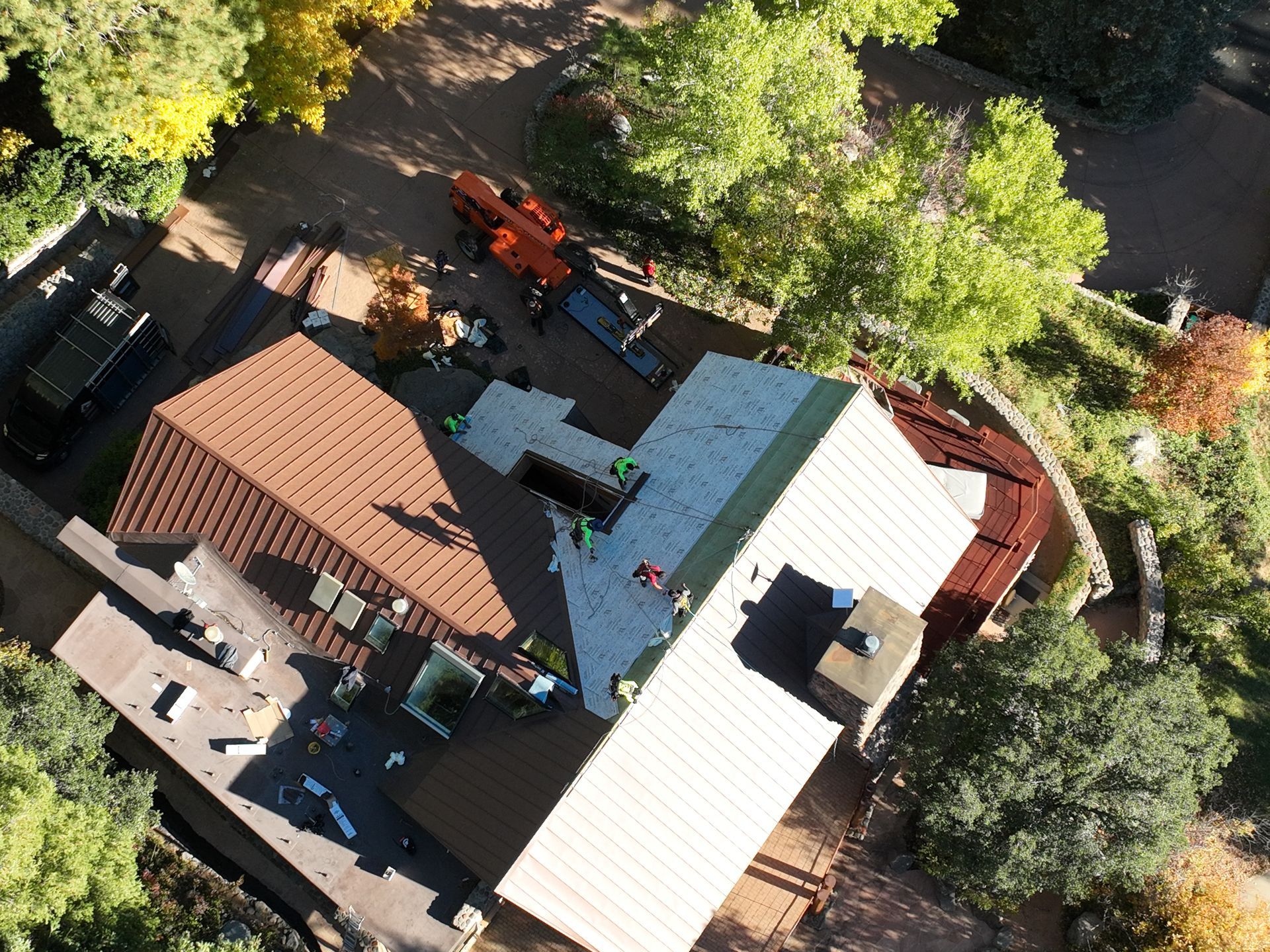An aerial view of a house that is being remodeled.