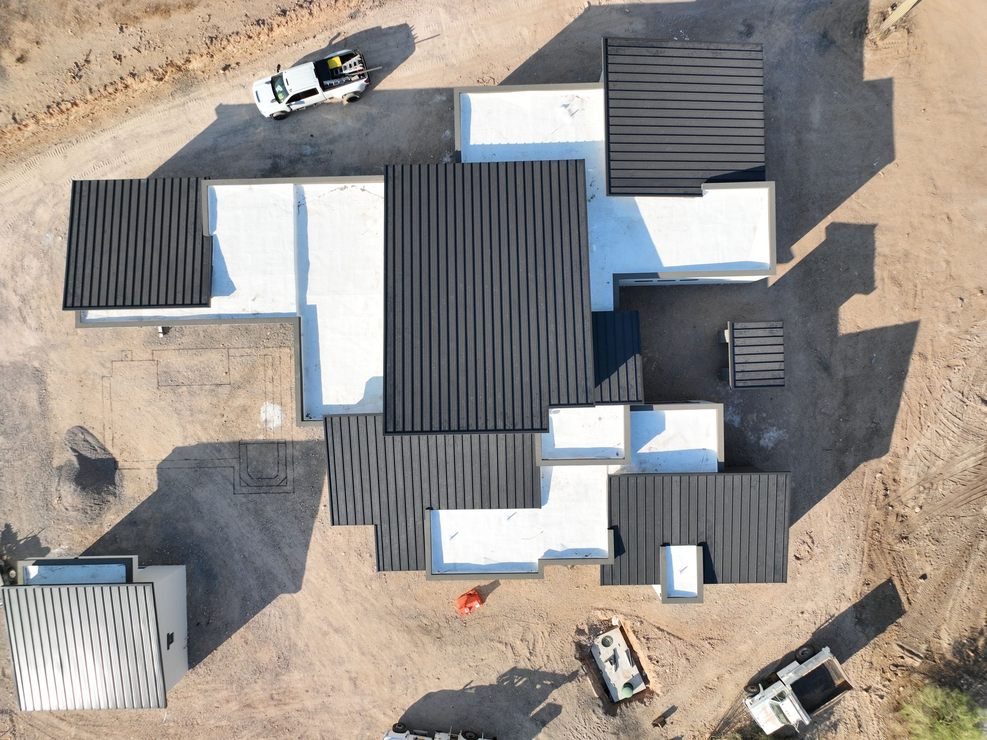 An aerial view of a house under construction.