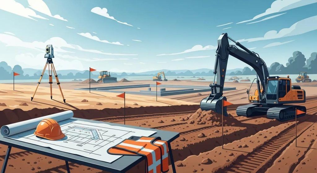 Construction site with excavator, surveying tripod, and blueprint on a table under a blue sky