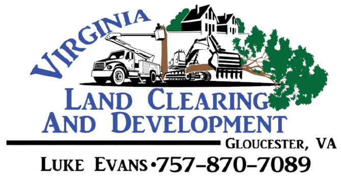 Virginia Land Clearing and Development logo with machinery, green trees, and Luke Evans phone number in Gloucester, VA