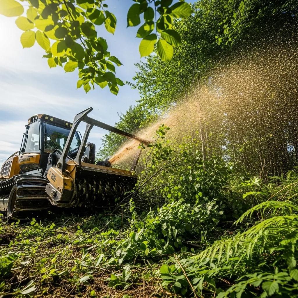 Excavator spraying water on dense green brush under a bright sky