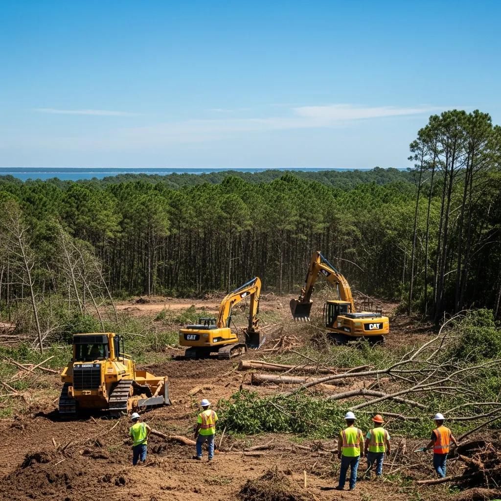 Workers and excavators clearing a forested site under a blue sky, with the sea in the distance
