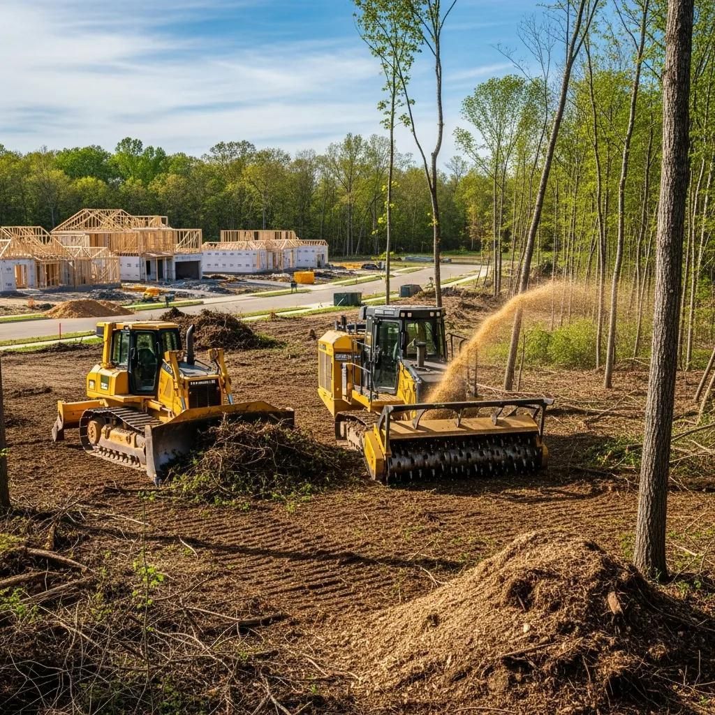 Two yellow bulldozers grading dirt at a construction site near a new building foundation