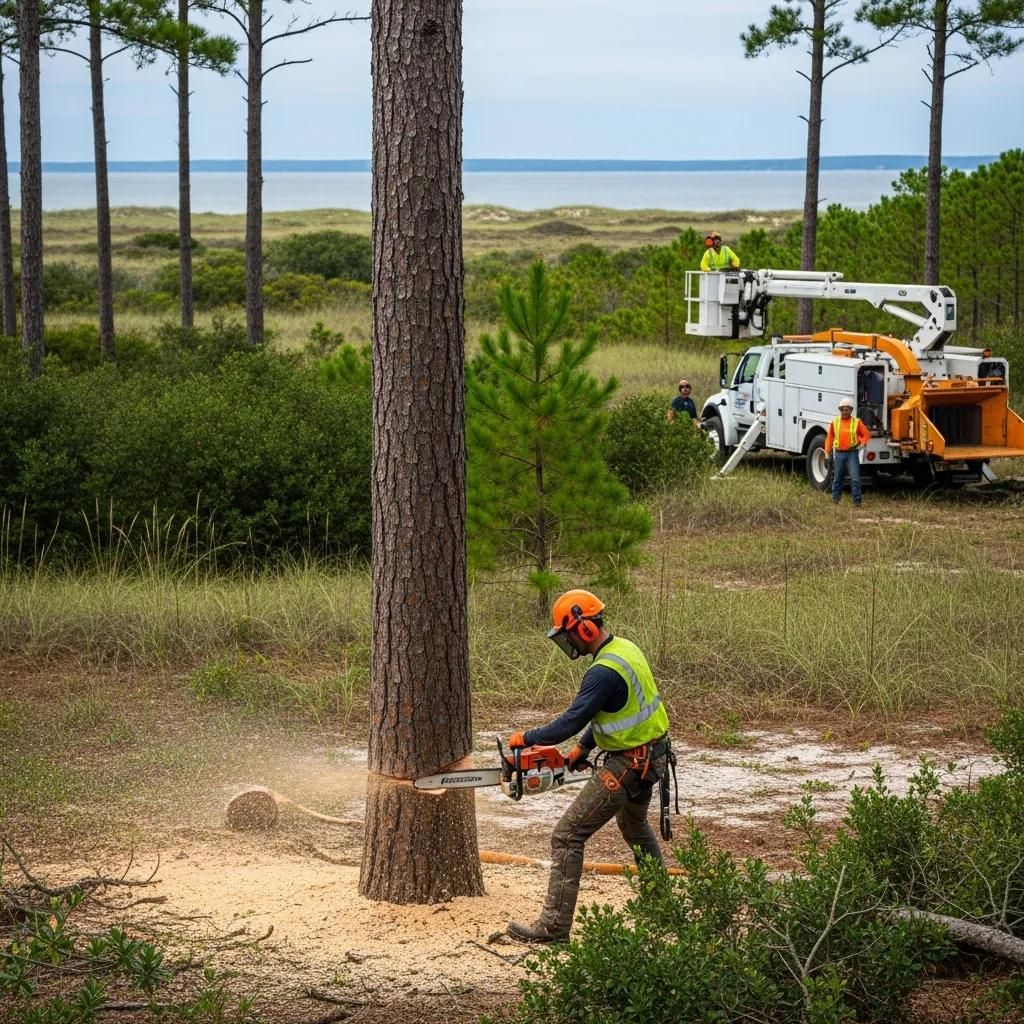 Worker in orange gear cutting a tree trunk with a chainsaw near a utility truck by the coast